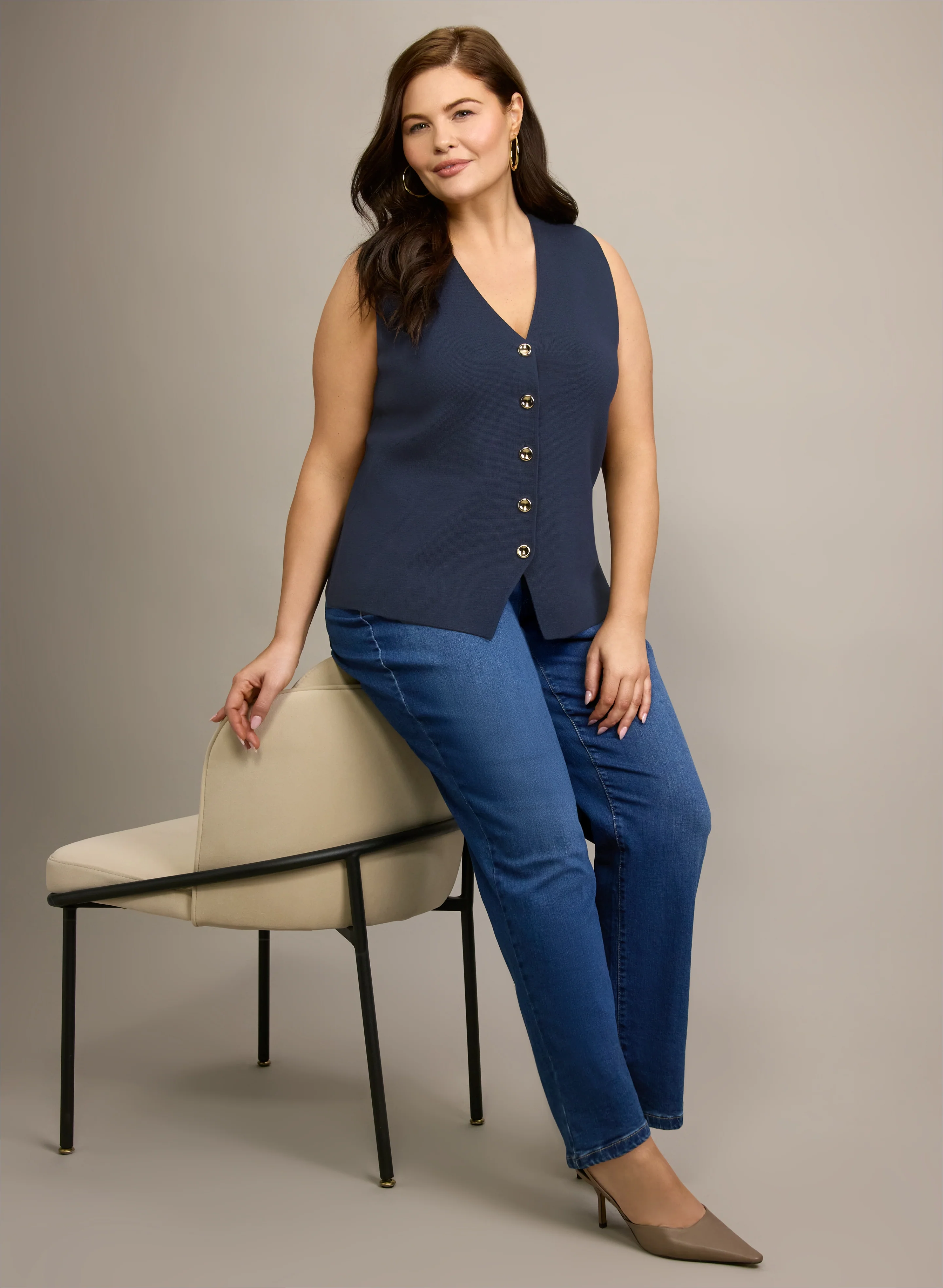 Button Knit Vest & Straight-Leg Jeans