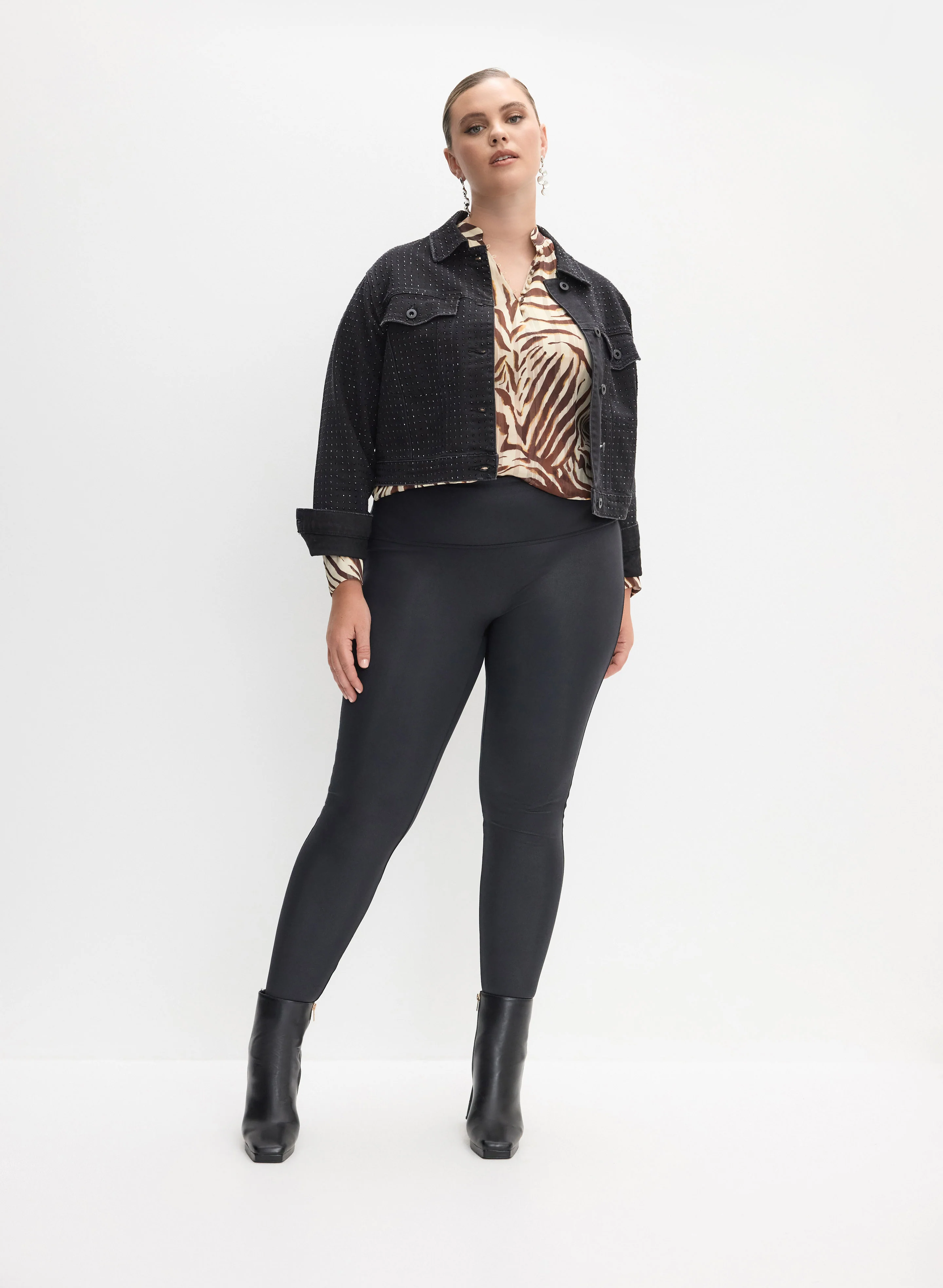Embellished Cropped Denim Jacket & Vegan Leather Leggings
