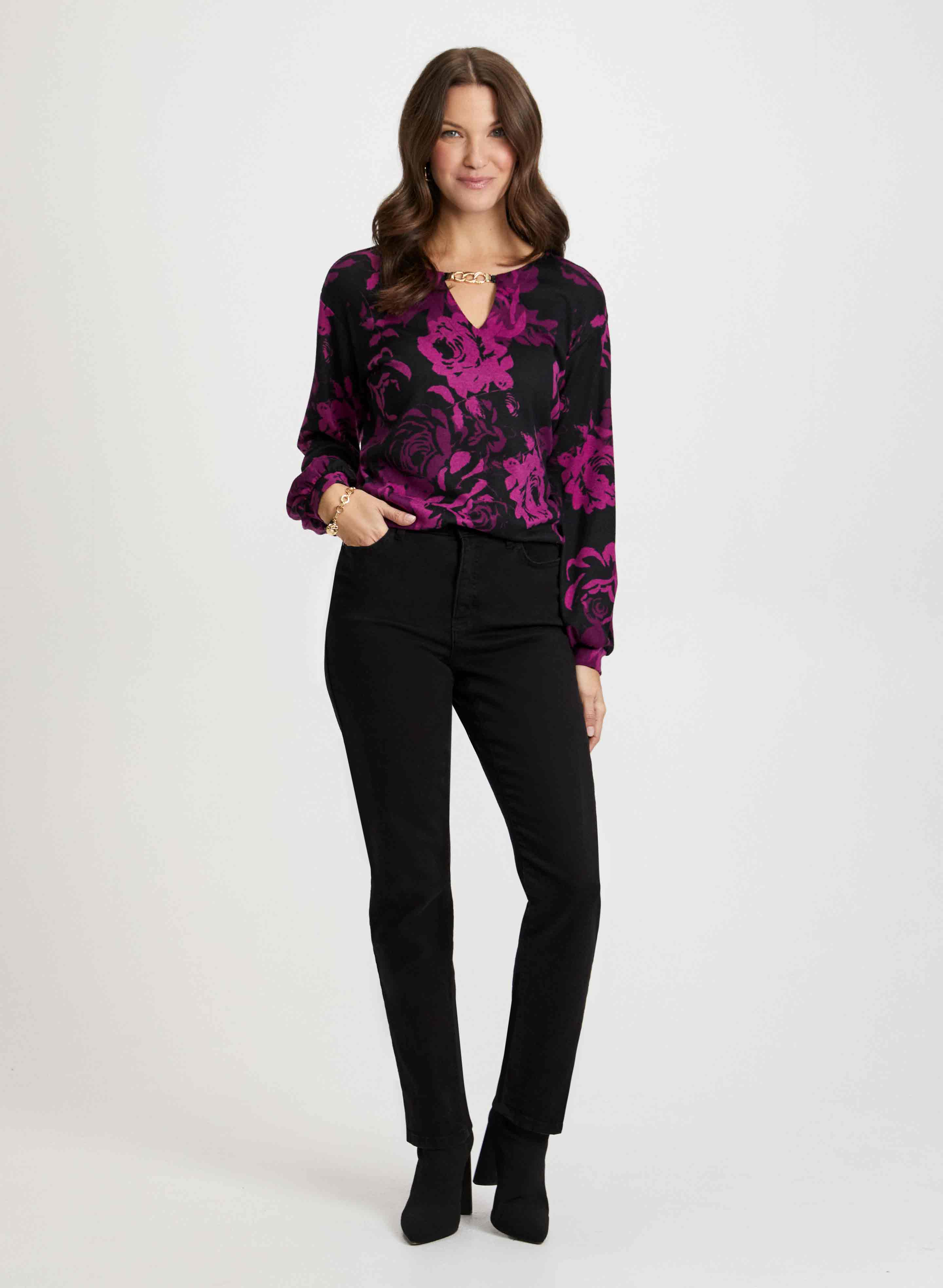 Floral Print Top & Straight Leg Jeans