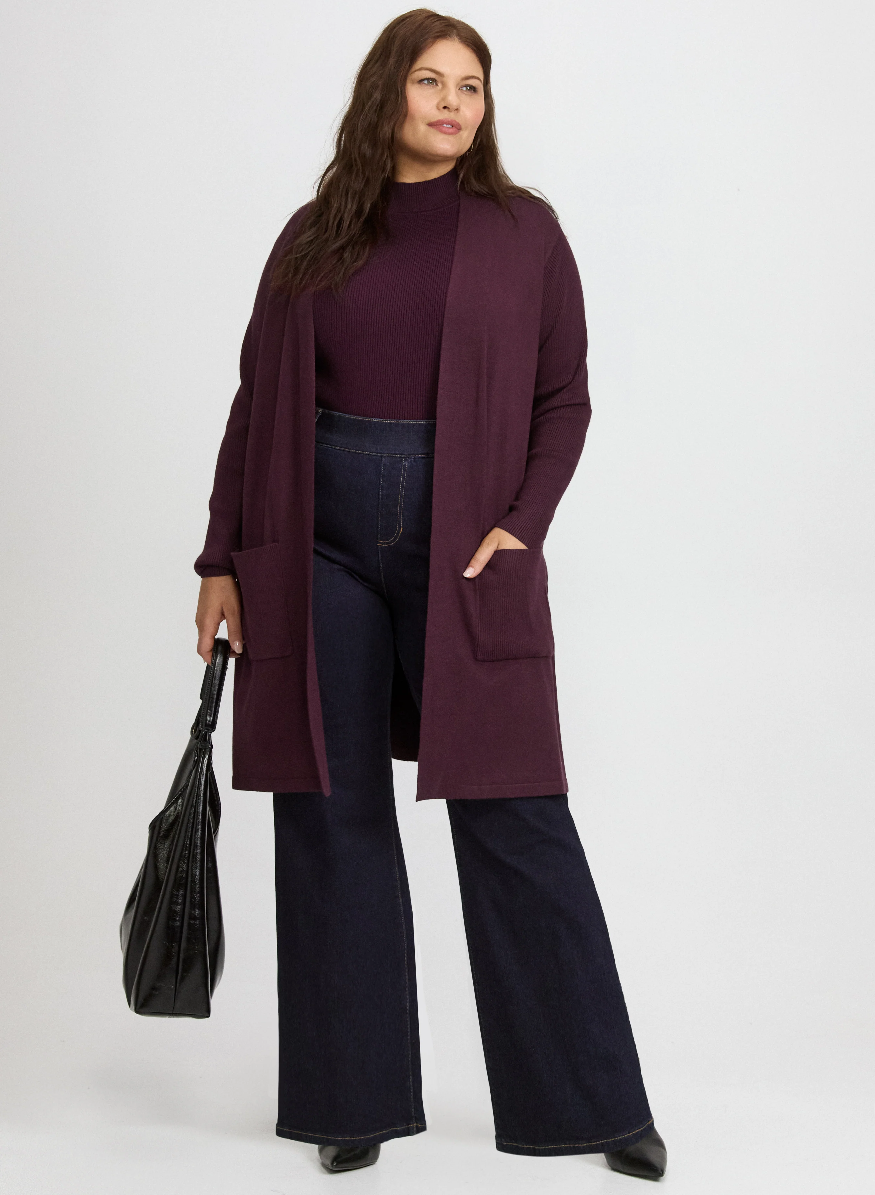 Knit Open-Front Cardigan & Pull-On Flare-Leg Jeans
