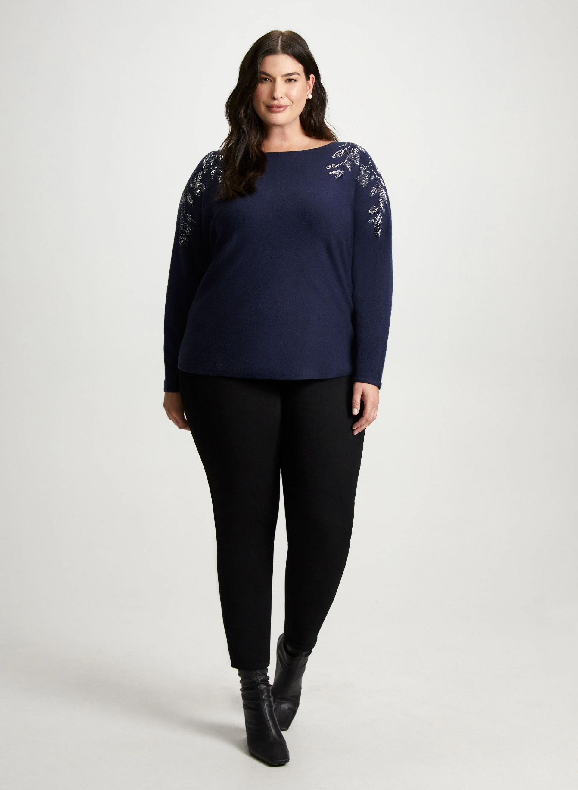 Leaf Appliqué Sweater & Black Slim Leg Jeans