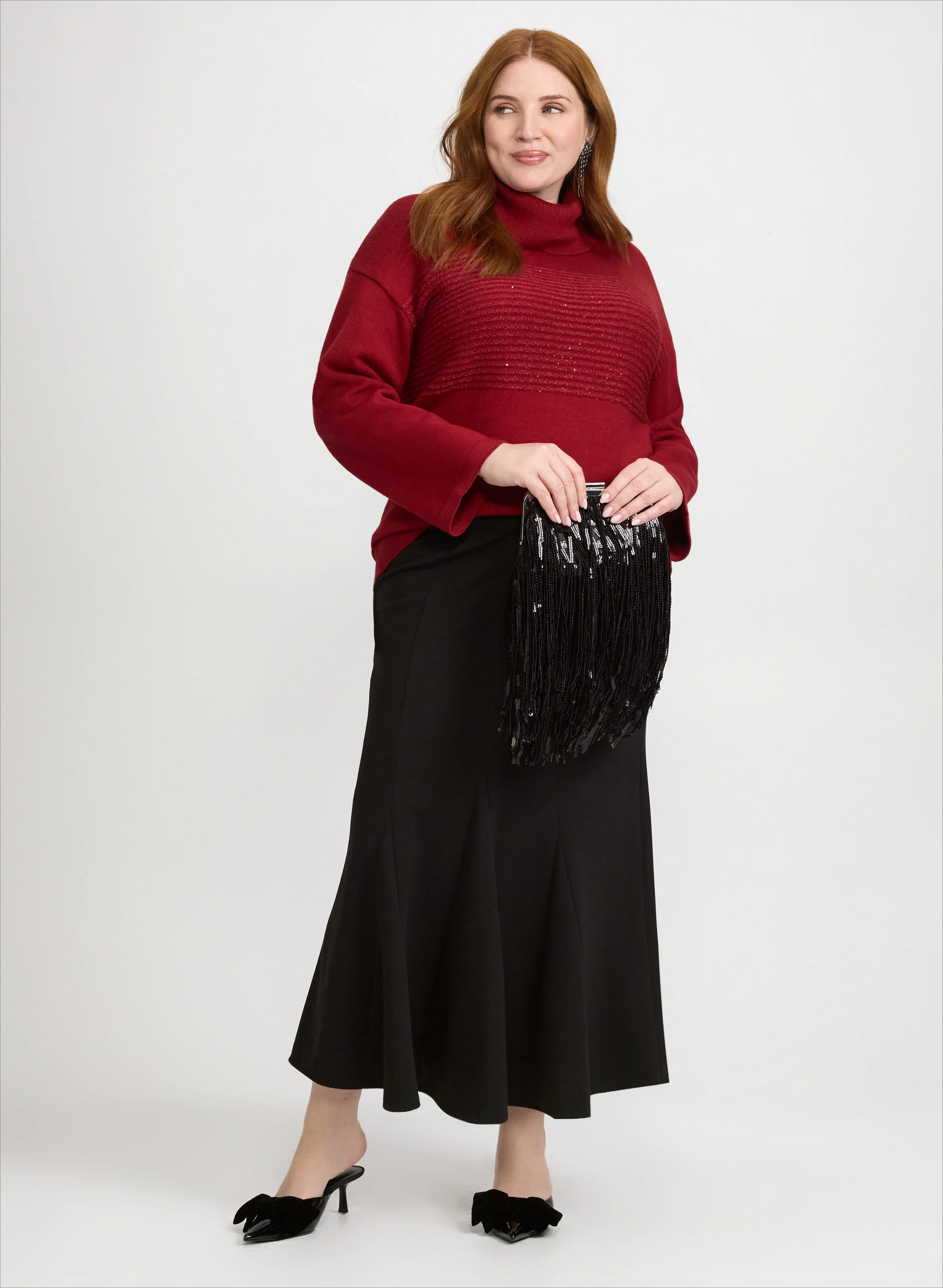 Sequin Striped Cowl Neck Sweater & Godet Insert Skirt