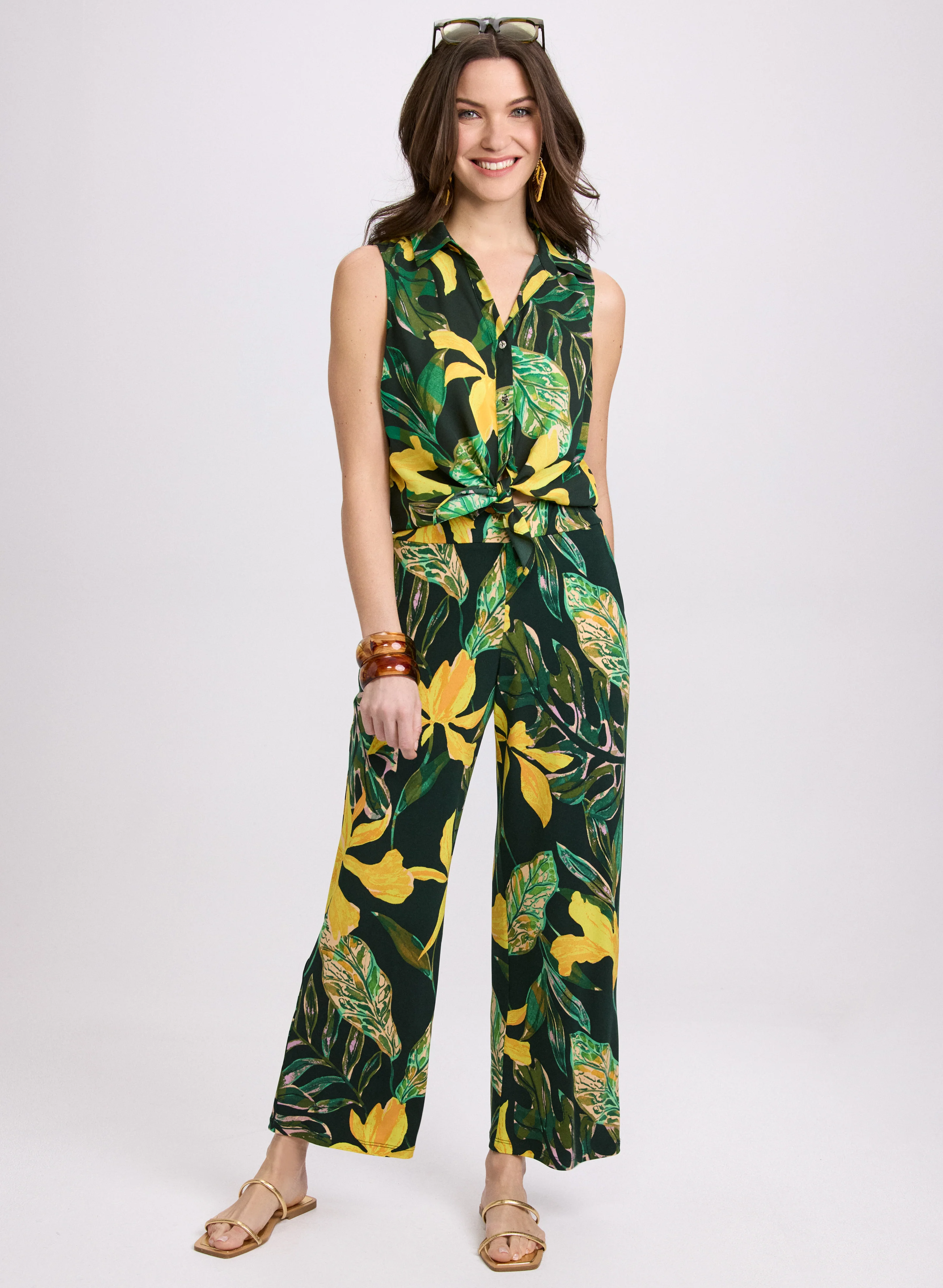 Sleeveless Palm Print Blouse & Printed Wide-Leg Pants