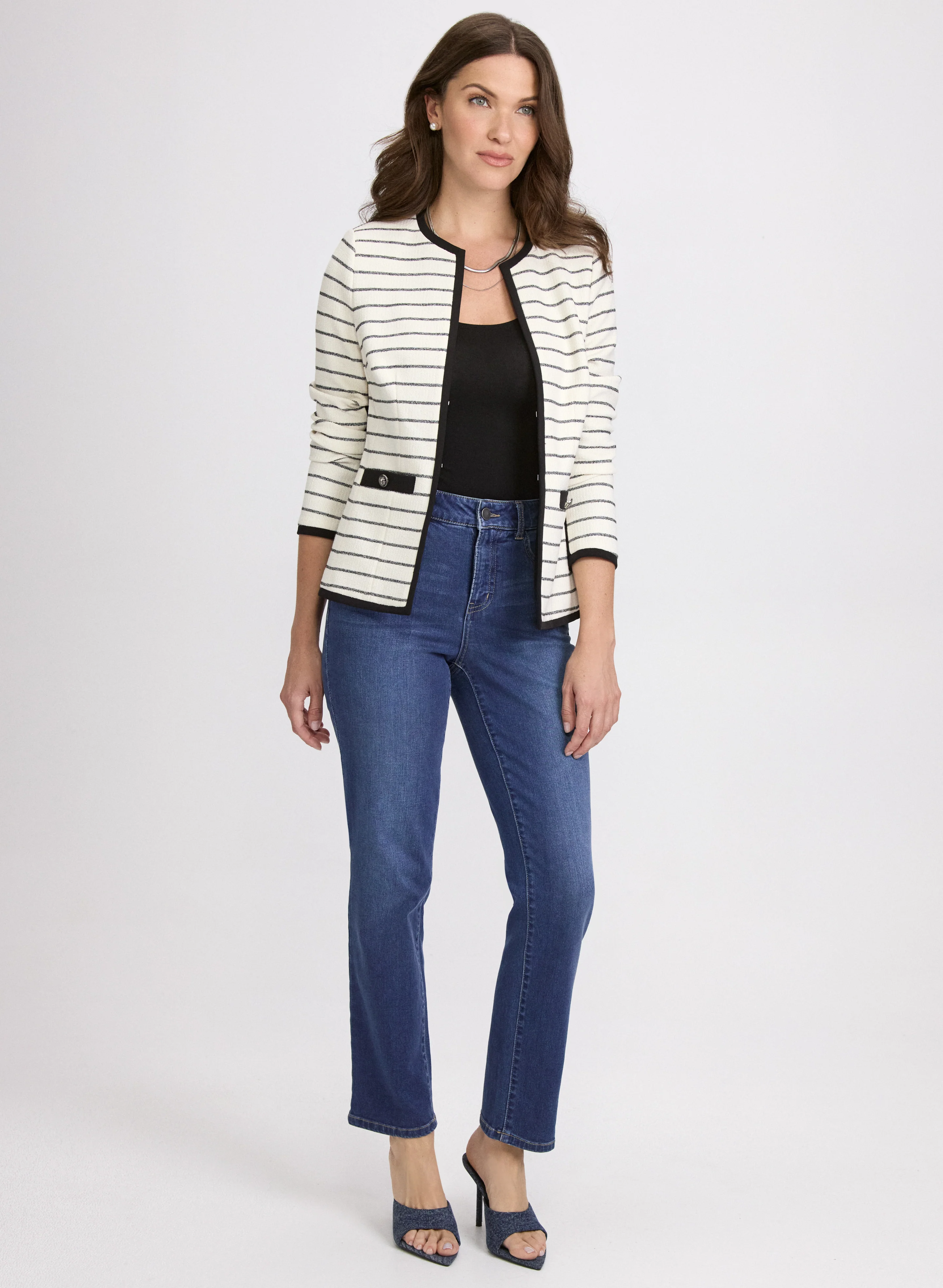 Striped Contrast Trim Jacket & Straight-Leg Jeans