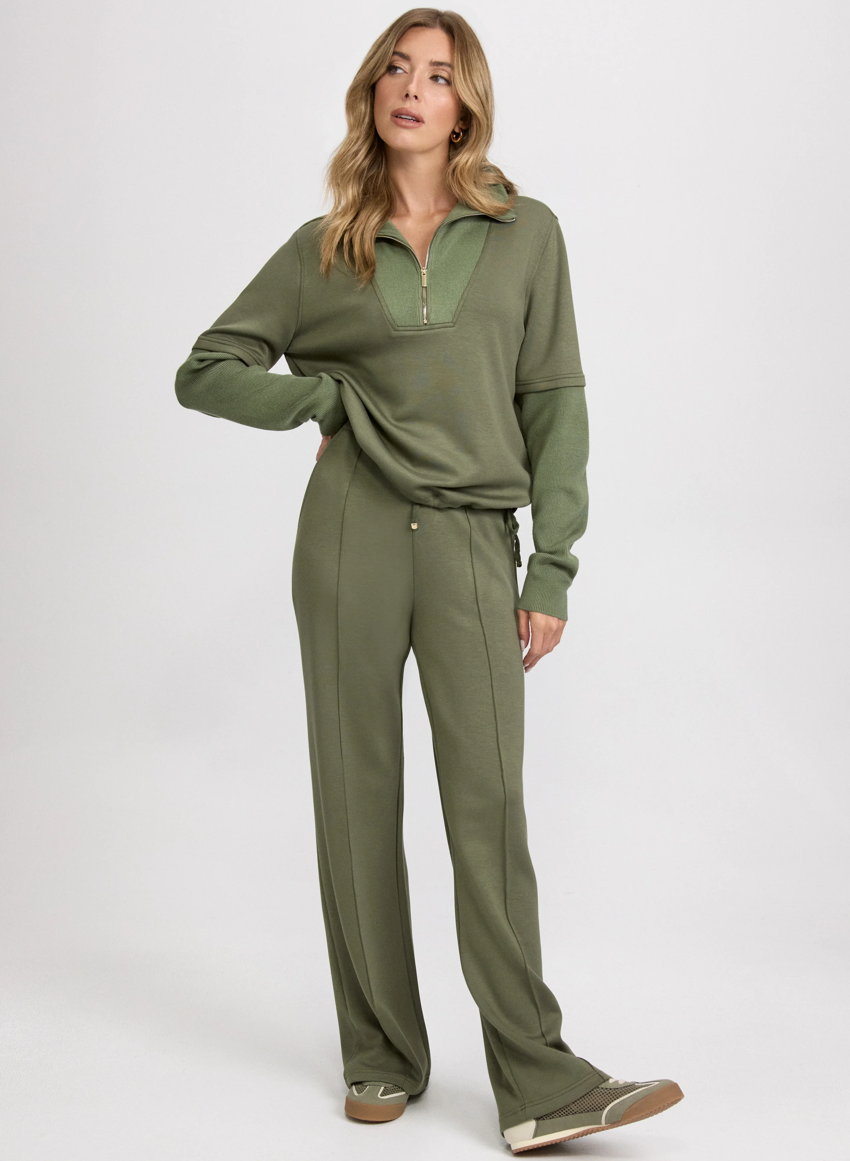 Zip-Up Funnel Neck Top & Pull-On Wide-Leg Pants